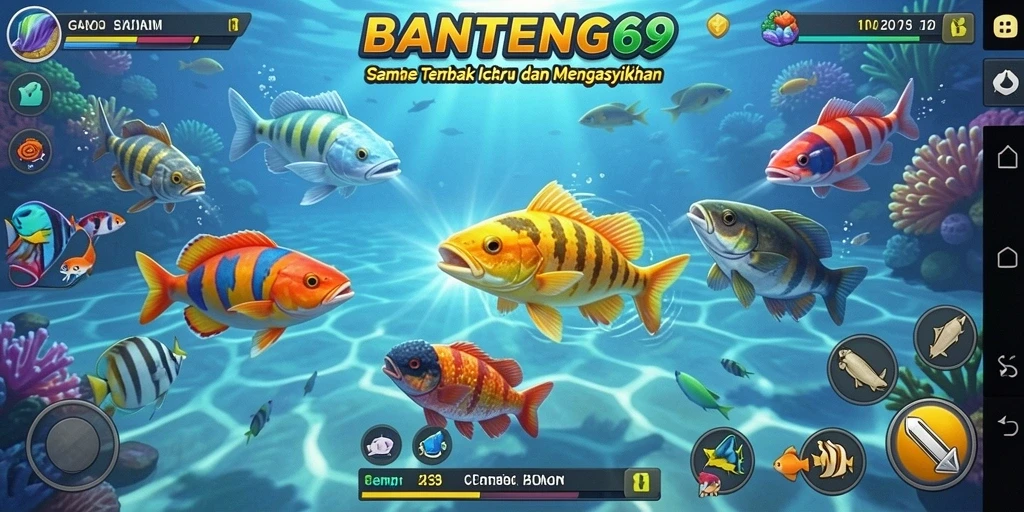 Tampilan gameplay menarik Tembak Ikan BANTENG69 dengan berbagai ikan berwarna.