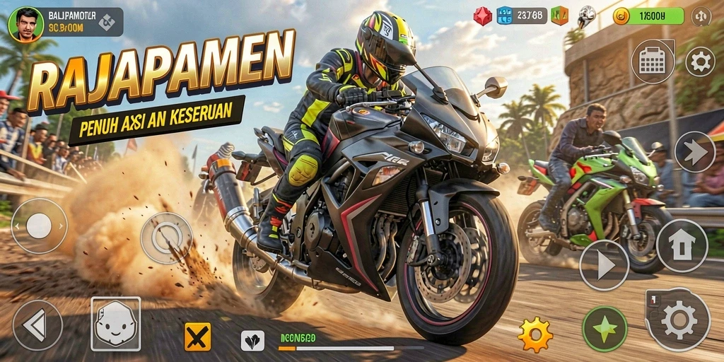 Tangkapan layar dari gameplay seru dalam balapan motor RAJAPAMEN.