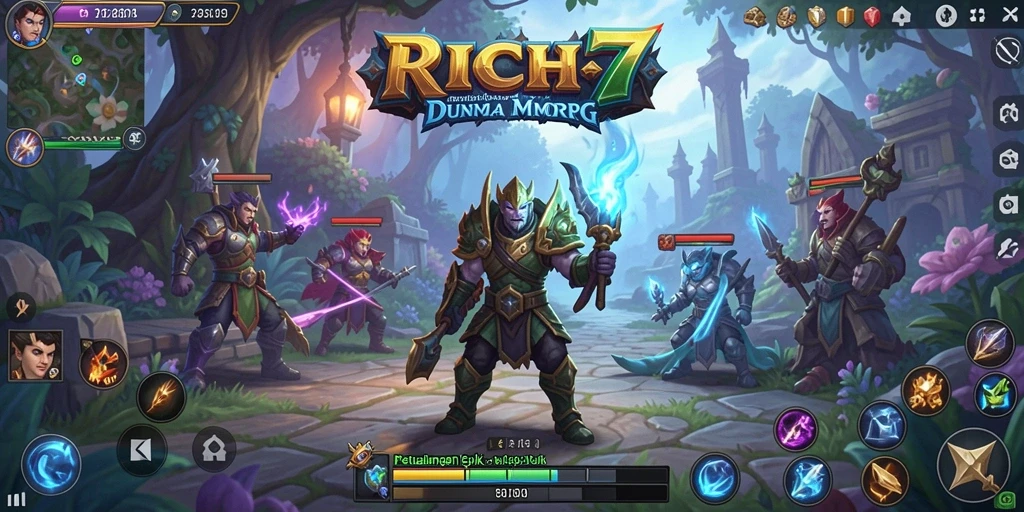 Gameplay RICH7 menampilkan pertempuran epik dalam dunia fantasi.