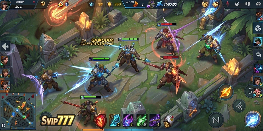 Screenshot tampilan gameplay menegangkan dari SVIP777 dengan aksi pertempuran tim.