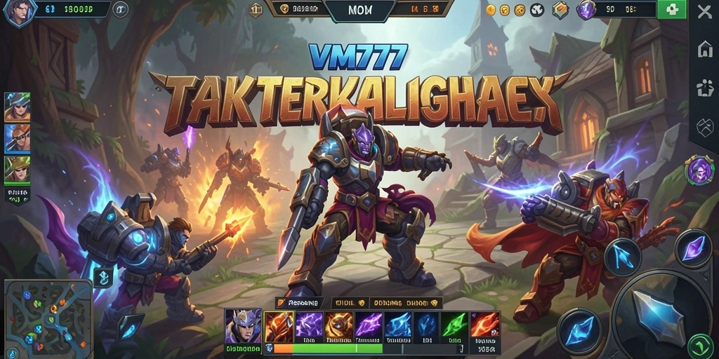 Screenshot utama VM777 menampilkan aksi seru dalam pertempuran MOBA.