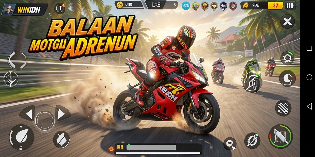 Screenshot gameplay WINIDN menampilkan aksi balapan motor yang mendebarkan.